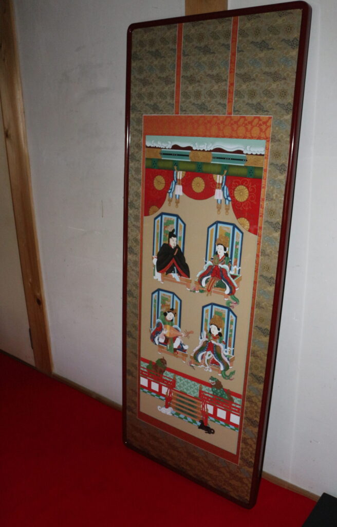 高野四社明神　四社明神　額装　掛軸　表装　手描き　四丁復元織　丹生明神　狩場明神　気比明神　厳島明神　絹本着色　